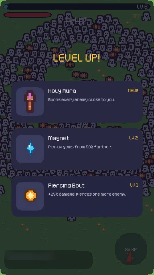 Swarm Demo: level-up screen with three upgrade cards